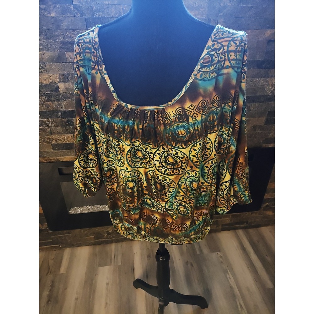 Dot's Multi Colored Dolman Sleeved Top Embroidered Sheer Back Size L